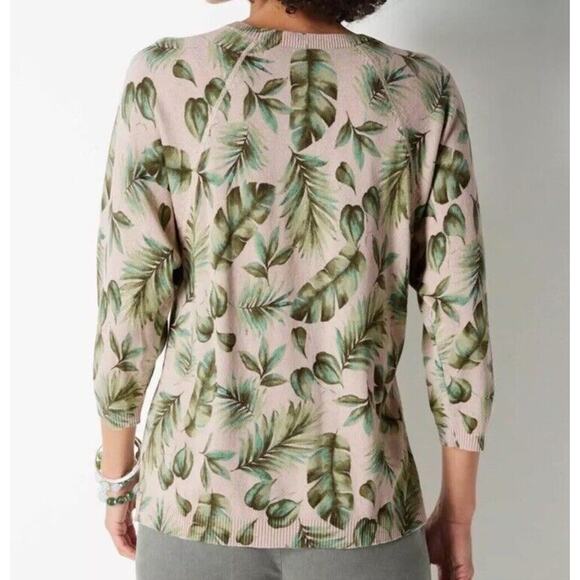 J Jill Sweater Women Petite LP Pink Green Pullover Royal Palm Leaf Printed NWT - Picture 4 of 16